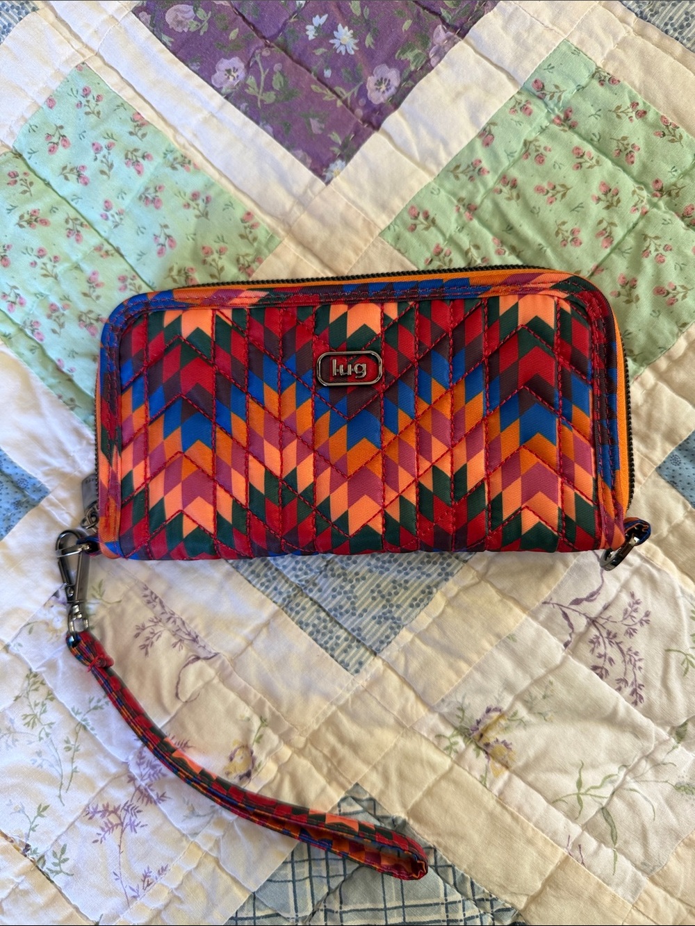 lug Multicolor Chevron Quilted Zip Wristlet - Orange Blue Pink Red